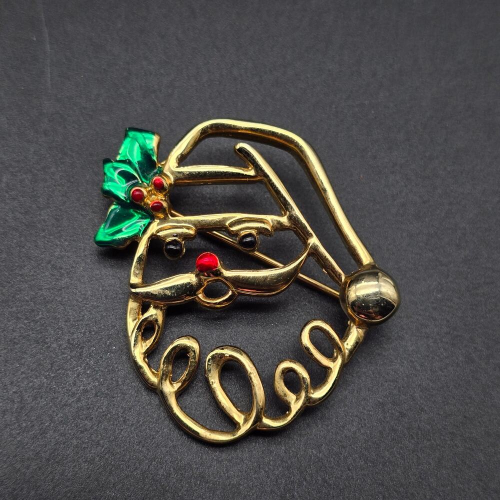 AAi Santa Brooch Gold Tone Enamel Christmas Holiday Costume Jewelry